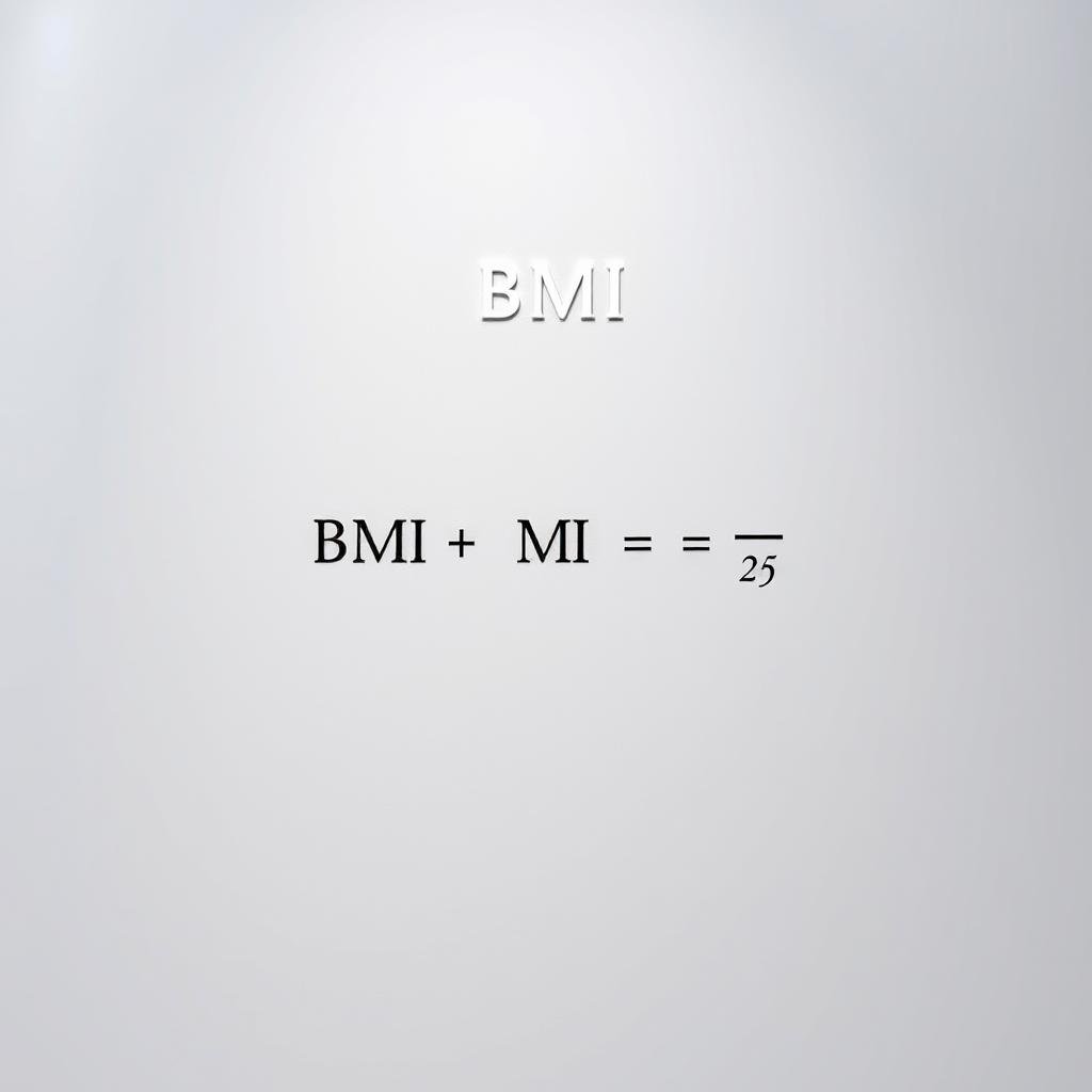 A clear, minimal diagram showcasing the BMI formula in a clean, scientific style. Set against a soft, subtly-textured grey background, the formula appears in a simple, elegant typeface, with each variable visually represented by geometric shapes - a rectangle for height, a circle for weight, and a square root symbol. The layout is well-balanced, with ample white space to make the core elements stand out. Subtle lighting from the top left casts faint shadows, adding depth and dimensionality. The overall mood is one of informative clarity, inviting the viewer to understand the BMI calculation at a glance. A clear, minimal diagram showcasing the BMI formula in a clean, scientific style. Set against a soft, subtly-textured grey background, the formula appears in a simple, elegant typeface, with each variable visually represented by geometric shapes - a rectangle for height, a circle for weight, and a square root symbol. The layout is well-balanced, with ample white space to make the core elements stand out. Subtle lighting from the top left casts faint shadows, adding depth and dimensionality. The overall mood is one of informative clarity, inviting the viewer to understand the BMI calculation at a glance.