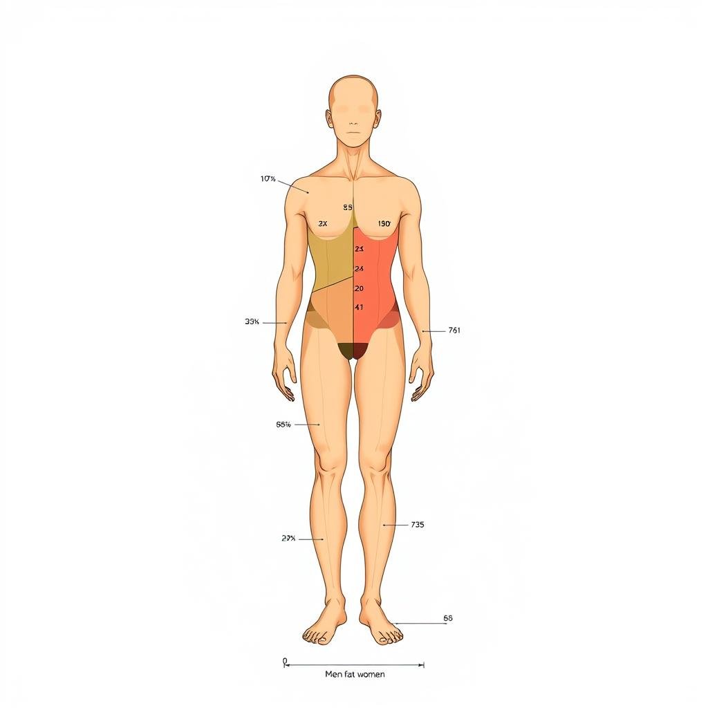 A detailed anatomical diagram showcasing the healthy body fat ranges for both men and women, presented against a clean, minimalist background. The illustration is rendered in a precise, technical style with a muted color palette, using a soft lighting setup that gently accentuates the contours of the human form. The foreground features a fully labeled and annotated body silhouette, clearly delineating the optimal fat percentage zones for a fit and healthy physique. The middle ground incorporates subtle gridlines and measurement scales to provide contextual reference, while the background maintains a simple, uncluttered white space to allow the key information to take center stage.