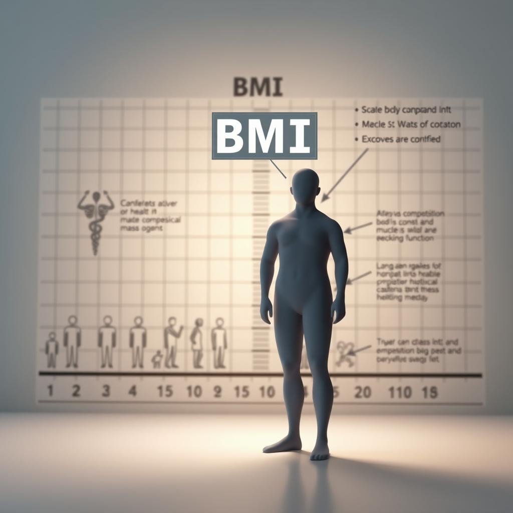 A detailed, three-dimensional illustration of the limitations of using BMI (Body Mass Index) as a sole measure of health and fitness. In the foreground, a person's silhouette with a BMI value displayed above them, indicating an oversimplified assessment. In the middle ground, a series of medical icons representing various health factors, such as body composition, muscle mass, and organ function, highlighting the complexity of overall wellness. In the background, a faded grid or chart displaying the BMI scale, with annotations pointing out its shortcomings in accurately representing an individual's true physical condition. The scene is rendered in a muted, scientific color palette, with soft, directional lighting to convey a sense of contemplation and analysis.