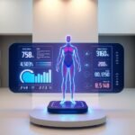 A high-tech digital display showcasing a comprehensive suite of body composition metrics. Sleek, minimalist interface with vibrant, holographic-style readouts of essential fitness stats - body fat percentage, muscle mass, bone density, water content, BMI, and metabolic rate. Soft, cool-toned lighting highlights the cutting-edge, futuristic aesthetic. The display is positioned in a bright, airy, and modern setting, conveying a sense of precision, personalization, and the power of data-driven health insights. Body Fat Calculator