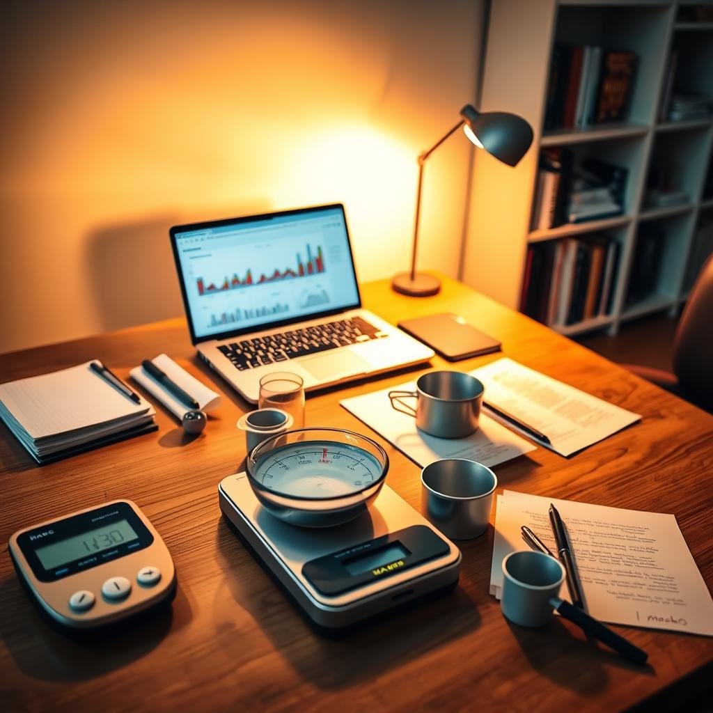 A meticulous macro tracking setup on a sleek wooden desk, bathed in warm, directional lighting. In the foreground, a digital food scale, measuring cups, and neatly organized notes. The middle ground features a laptop displaying a macro tracking app, with colorful charts and graphs. In the background, a minimalist bookshelf with health and fitness-related books. The overall atmosphere is one of focus, organization, and a dedication to nutritional balance. A meticulous macro tracking setup on a sleek wooden desk, bathed in warm, directional lighting. In the foreground, a digital food scale, measuring cups, and neatly organized notes. The middle ground features a laptop displaying a macro tracking app, with colorful charts and graphs. In the background, a minimalist bookshelf with health and fitness-related books. The overall atmosphere is one of focus, organization, and a dedication to nutritional balance.