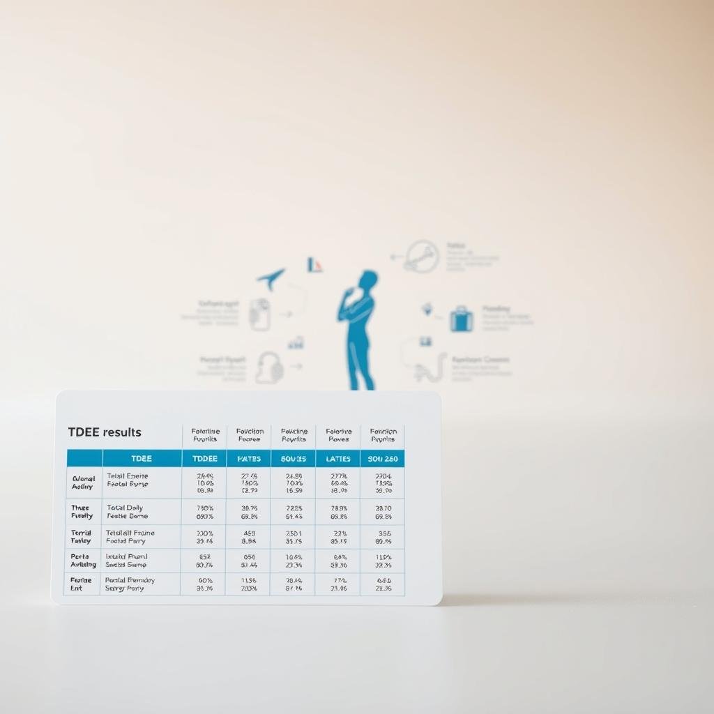 A neatly organized infographic on a clean, minimalist background. In the foreground, a detailed chart displaying TDEE (Total Daily Energy Expenditure) results, with clear labels and data visualizations. The middle ground features a stylized human figure in a thoughtful pose, surrounded by fitness icons and symbols. The background has a soft, blurred gradient in soothing hues, creating a calming, professional atmosphere. Lighting is soft and diffused, with a slight vignette effect. The overall composition is balanced, visually appealing, and effectively communicates the key information about setting and achieving calorie-based goals.