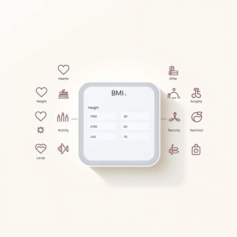 A sleek and modern BMI calculator interface against a minimalist, light-colored background. The calculator is displayed prominently in the center, with clean lines and intuitive input fields for height and weight. Surrounding it are simple icons and visualizations representing different aspects of health tracking, such as heart rate, activity levels, and nutritional information. The overall aesthetic is streamlined and user-friendly, conveying a sense of control and empowerment over one's wellbeing. Soft, directional lighting illuminates the scene, creating a sense of clarity and focus. The composition is balanced and visually appealing, inviting the viewer to engage with the BMI calculator tool.