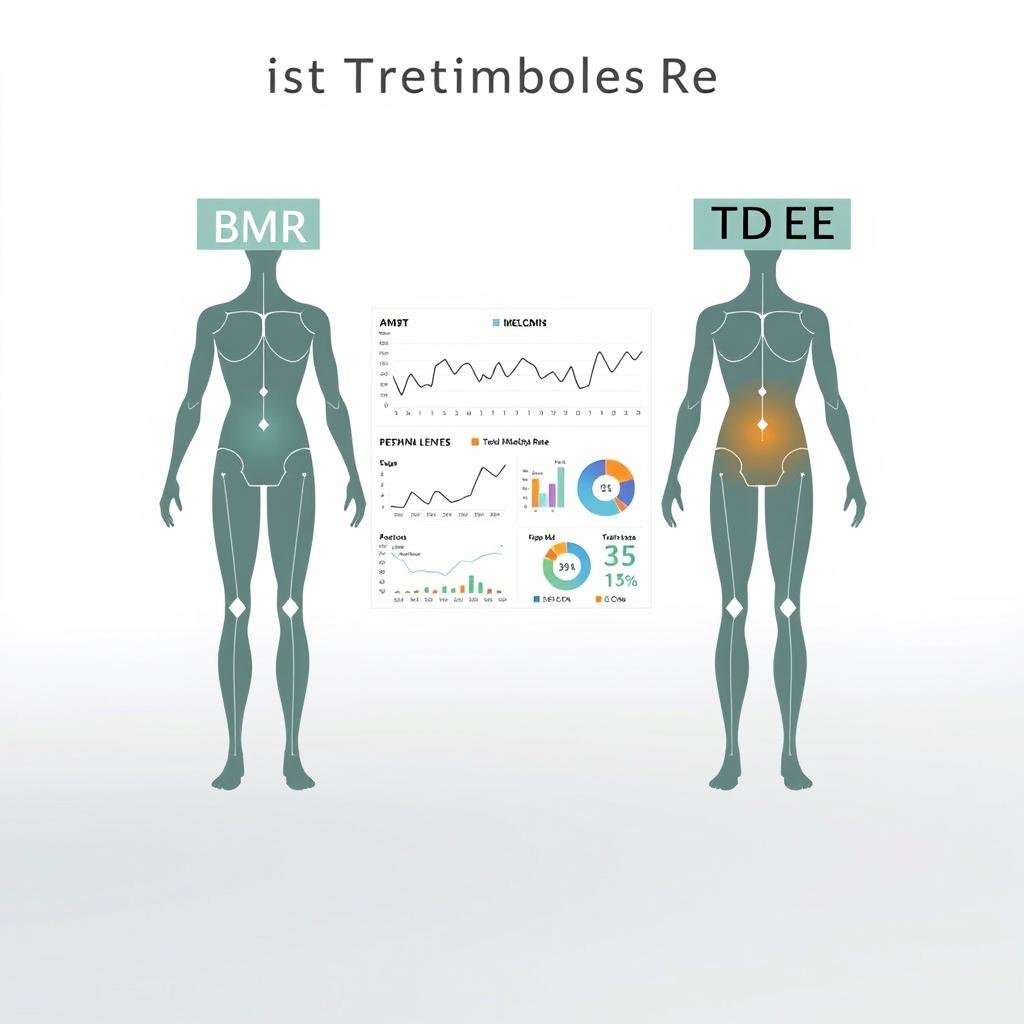 A sleek, data-driven infographic showcasing the key differences between Basal Metabolic Rate (BMR) and Total Daily Energy Expenditure (TDEE). The foreground features two stylized human figures, one labeled "BMR" and the other "TDEE", positioned side-by-side against a minimalist background. The figures are rendered in a clean, modern aesthetic, with subtle anatomical details conveying the concept of metabolism. The middle ground displays a series of neatly organized data visualizations, including line graphs, pie charts, and numerical comparisons, illuminating the relationships and distinctions between these two important metabolic measures. The background is a soft, gradient-based palette, lending a professional, editorial feel to the composition. Balanced lighting and a slightly elevated camera angle create a sense of authority and clarity, inviting the viewer to fully engage with the key insights presented. A sleek, data-driven infographic showcasing the key differences between Basal Metabolic Rate (BMR) and Total Daily Energy Expenditure (TDEE). The foreground features two stylized human figures, one labeled "BMR" and the other "TDEE", positioned side-by-side against a minimalist background. The figures are rendered in a clean, modern aesthetic, with subtle anatomical details conveying the concept of metabolism. The middle ground displays a series of neatly organized data visualizations, including line graphs, pie charts, and numerical comparisons, illuminating the relationships and distinctions between these two important metabolic measures. The background is a soft, gradient-based palette, lending a professional, editorial feel to the composition. Balanced lighting and a slightly elevated camera angle create a sense of authority and clarity, inviting the viewer to fully engage with the key insights presented.
