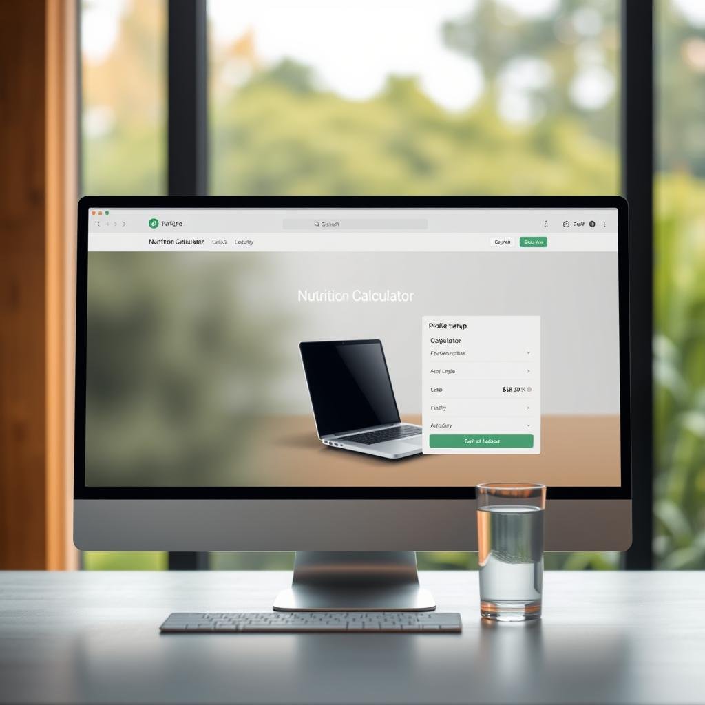 A sleek, minimalist interface for the Nutrition Calculator2025 application. In the foreground, a modern desktop computer display showcases the profile setup screen, with clean typography and intuitive layout. The middle ground features a stylish laptop and a glass of water, symbolizing the healthy lifestyle the calculator promotes. The background presents a softly blurred, natural setting with lush greenery, conveying a sense of balance and well-being. Warm, diffused lighting creates a tranquil atmosphere, while the camera angle provides a slightly elevated perspective, giving the scene a professional, aspirational feel. A sleek, minimalist interface for the Nutrition Calculator2025 application. In the foreground, a modern desktop computer display showcases the profile setup screen, with clean typography and intuitive layout. The middle ground features a stylish laptop and a glass of water, symbolizing the healthy lifestyle the calculator promotes. The background presents a softly blurred, natural setting with lush greenery, conveying a sense of balance and well-being. Warm, diffused lighting creates a tranquil atmosphere, while the camera angle provides a slightly elevated perspective, giving the scene a professional, aspirational feel.